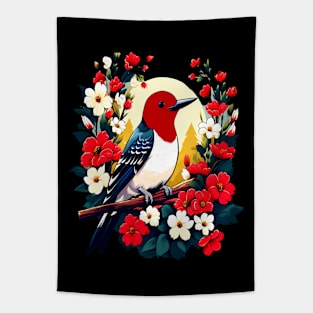 Cute Red Headed Woodpecker Surrounded by Vibrant Flowers Tapestry