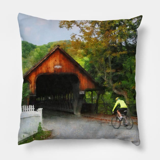 Woodstock VT - Bicyclist at Middle Bridge Pillow by SusanSavad