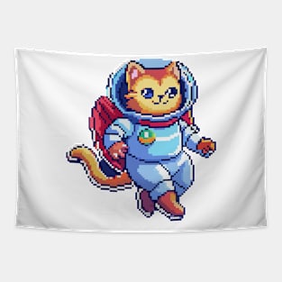 Retro Pixel Space Cat Tapestry