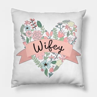 Wifey Floral Heart Coral Ribbon Pillow