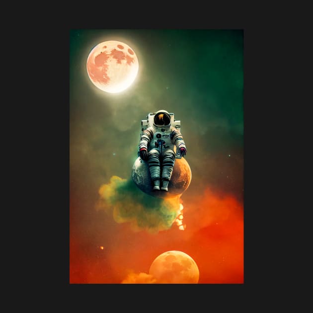 Astronaut sitting on a moon with red clouds in space with moons in the background by MoEsam95