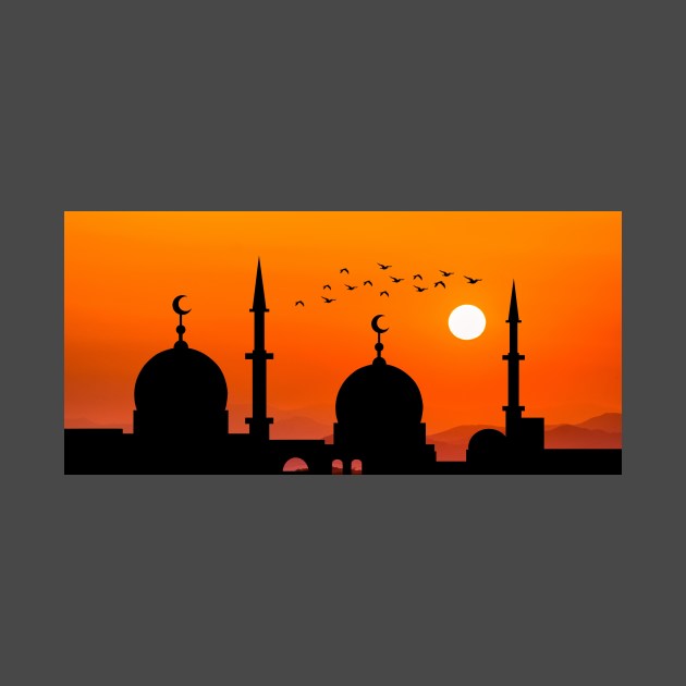 Silhouette of mosque with orange coloured sunset by Montanescu