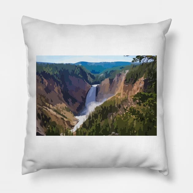 Yellowstone Waterfall Painting Pillow by gktb