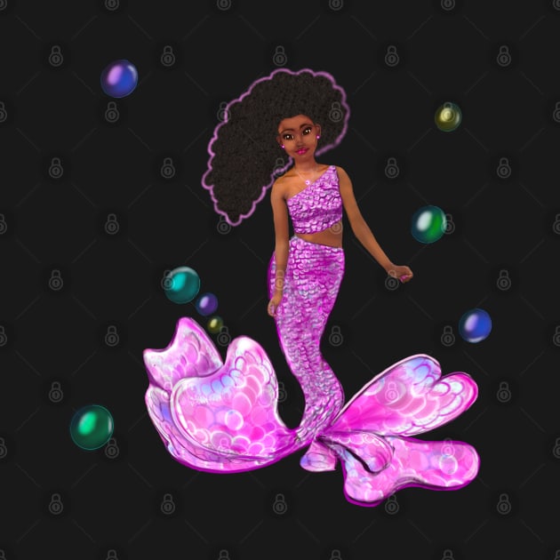 Mermaid - Coco the Magical rainbow mermaid with brown eyes, flowing Afro hair and caramel brown skin - light background by Artonmytee