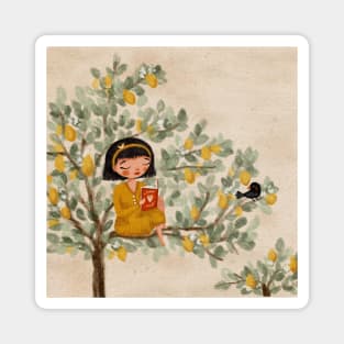 A Girl Reading on a Lemon Tree Magnet