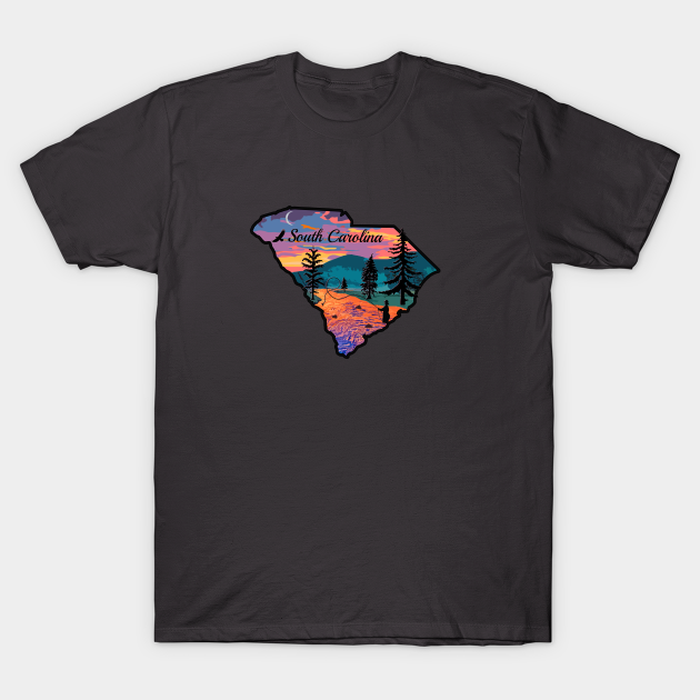 Discover Fly Fishing South Carolina State Map Mountain Sunset River Retro - South Carolina Fly Fishing - T-Shirt