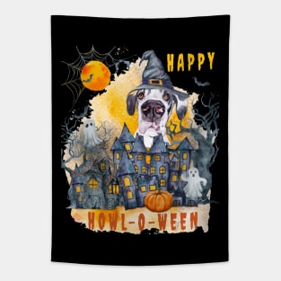 Great Dane Happy Howl-o-ween Ghost Houses Funny Watercolor Tapestry