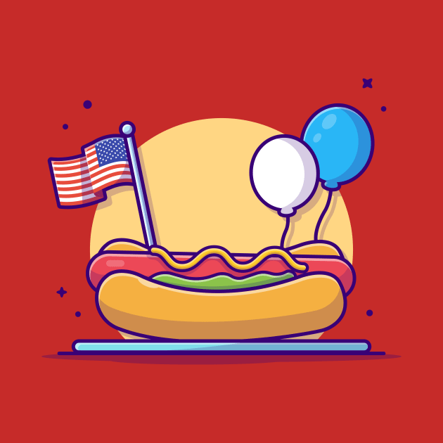 Tasty Hotdog on Plate with USA Independence Day Flag And Balloon Cartoon Vector Icon Illustration by Catalyst Labs