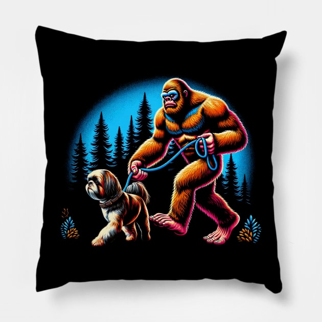 Bigfoot Walking Shih Tzu Stylish Tee for Dog Devotees Pillow by Kevin Jones Art