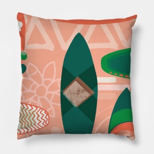 Surfboards pink orange coral green white on a peach background. Triangles hibiscus flowers fishes. Hawaiian print. Distressed look. Pillow