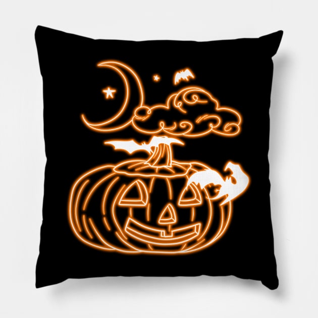 Neon Pumpkin with Bats Moon and Stars Pillow by saradaboru