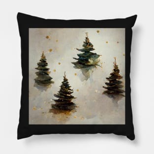 Watercolor Winter Christmas Trees, Gold and Green Pillow