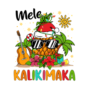 Mele Kalikimaka Hawaiian Floral Santa Pineapple Sunglasses T-Shirt