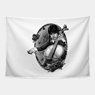 Wednesday Adams playing cello Tapestry