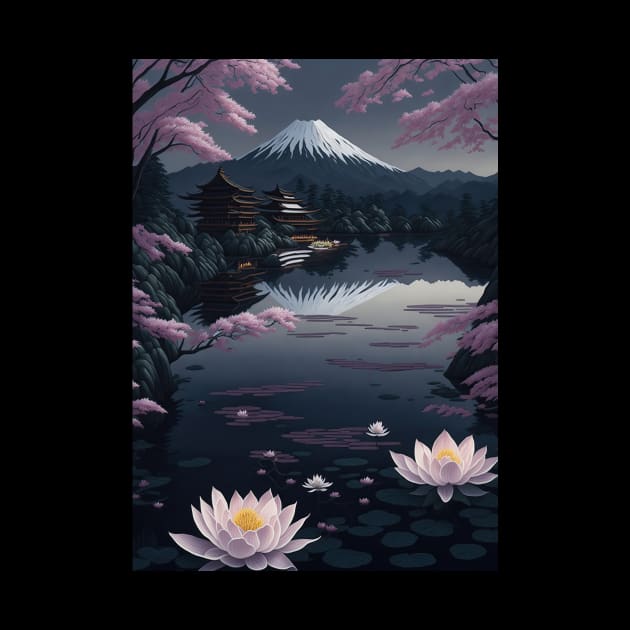 Serene Mount Fuji Sunset - Peaceful River Scenery - Lotus Flowers by star trek fanart and more