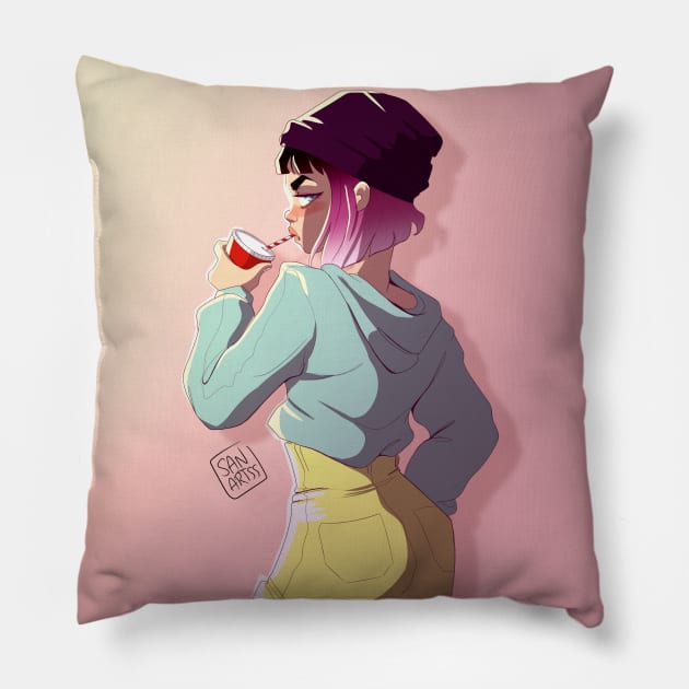 Girl drinking Pillow by San Art