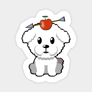 Cute furry dog has an apple and arrow on head Magnet