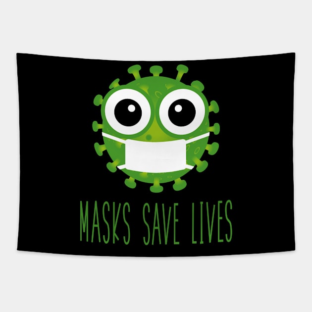 Masks Save Lives with Green Virus Cartoon Tapestry by tropicalteesshop