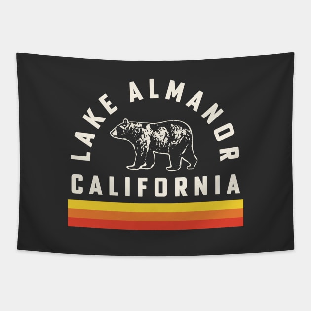 Lake Almanor California Souvenir Bear Retro Vintage Stripes Tapestry by PodDesignShop