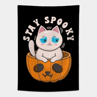 Cute White Cat Stay Spooky Tapestry