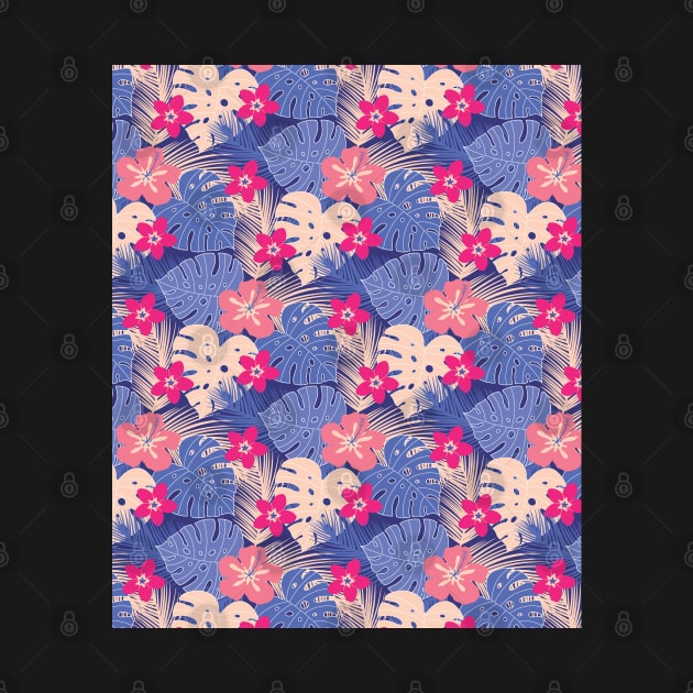Tropical Blue and Pink Pattern with Monstera & Palm Tree Leaves & Exotic Flowers by EliveraDesigns