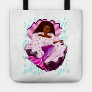 Mermaid spa day in Oyster clam shell 2 - Black anime mermaid in bubble bath. Pretty black girl with Afro hair, green eyes, Cherry pink lips and dark brown skin. Hair love ! Tote