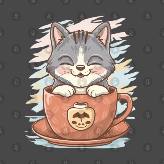 A grinning cat sipping coffee from a stylish mug by designe stor 