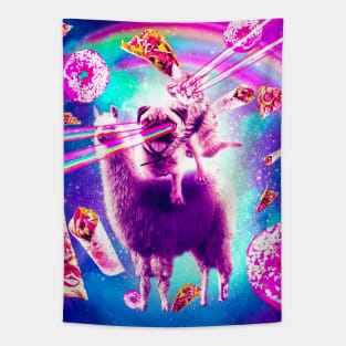 Laser Eyes Space Cat Riding Pug, Llama  - Rainbow Tapestry