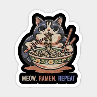 Meow Ramen Repeat Anime Cat Eating Ramen Manga Kitty Magnet