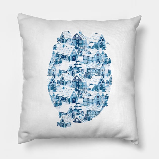 Santa's Village on Christmas Eve (blue) Pillow by BessoChicca