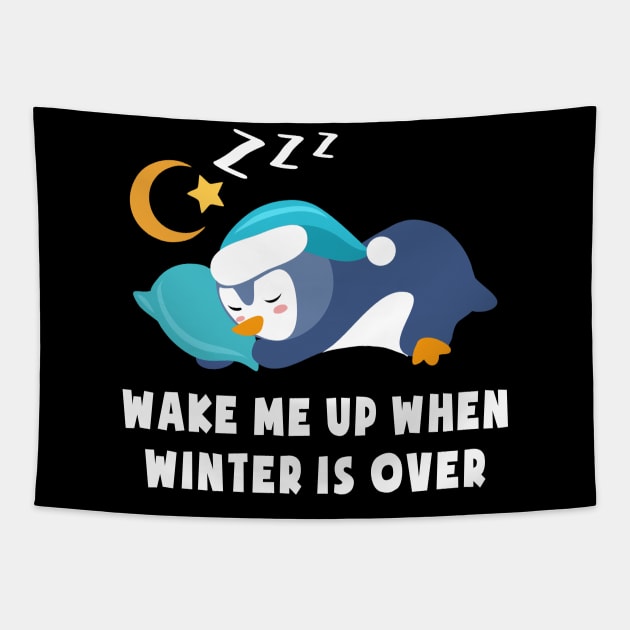 Wake Me Up When Winter is Over Cute Penguin Blue Tapestry by dnlribeiro88