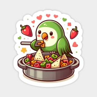 cute love birds are eating Mexican specialties, Tacos, Burritos, Enchiladas, Quesadillas, Guacamole, Fajitas, Chiles Rellenos, Tamales, Mole, Chilaquiles, Magnet