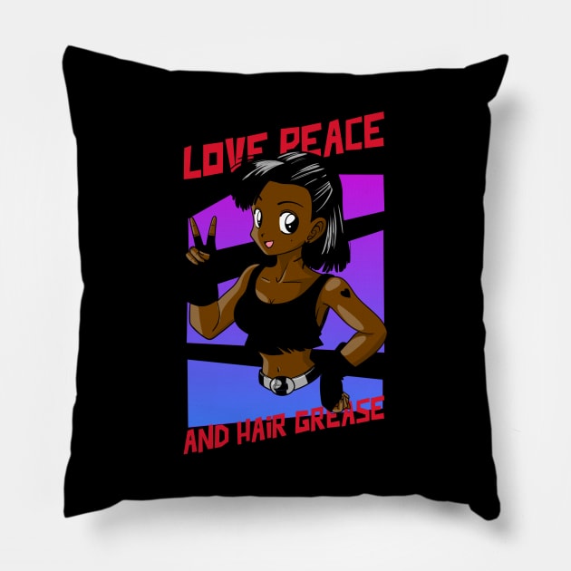 Anime Brown Girl Black Women Afro Boss Love Peace Manga Pillow by Created by JR