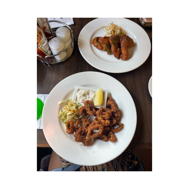 a plate of calamari and barbecue wings by cute thingx