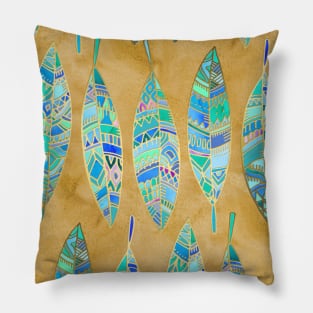 Jeweled Enamel Leaves on Tan Pillow