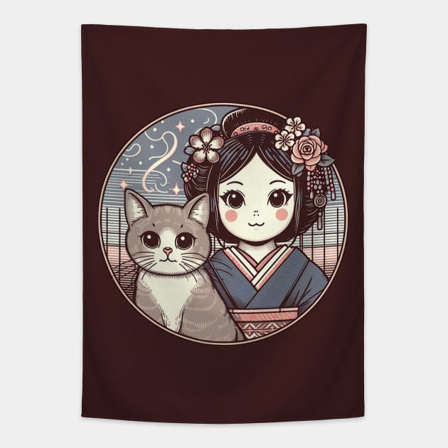 Japanese cat with Retro Anime Tapestry by Japanese Fever