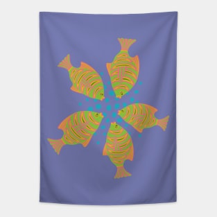 FEEDING TIME Tropical Striped Fish Undersea Ocean Coral Reef Sea Life in Green Pink Yellow Blue - UnBlink Studio by Jackie Tahara Tapestry