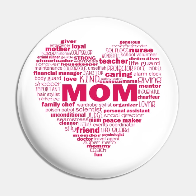 Heart Mom Word Cloud in Pink Pin by Jitterfly