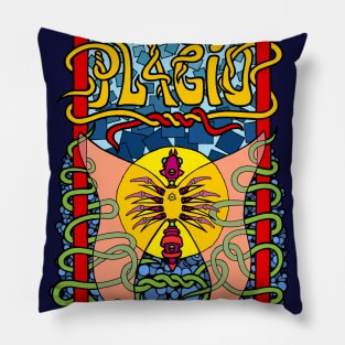 Plagio, plagiarism, elaborate design of bubbles and squares, not forgetting the winged Spider. Pillow