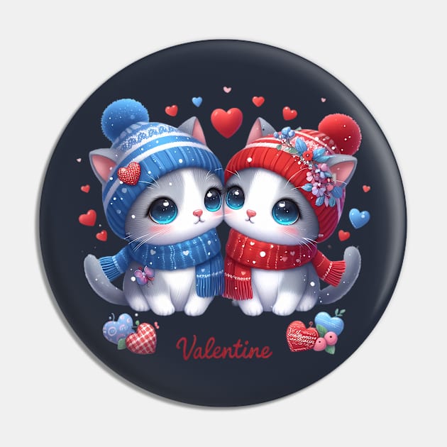 Cute Retro Valentine's Day Kittens with Hearts Pin by HaMa-Cr0w