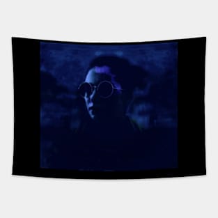 Beautiful girl with round glasses. Dark, like in night dream. White and blue. Tapestry