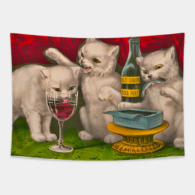 Kittens drinking and eating sardine fish Tapestry by Marccelus