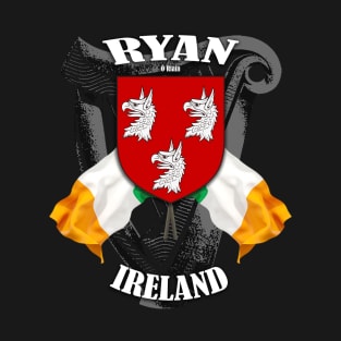 Ryan Family Crest Ireland Coat of Arms and Irish Flags T-Shirt