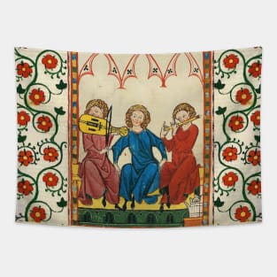 MEDIEVAL MUSIC AND MUSICIANS ,ANTIQUE MINIATURE WITH WILD ROSES Tapestry