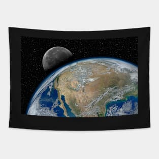 Planet Earth and Moon against dark starry sky Tapestry