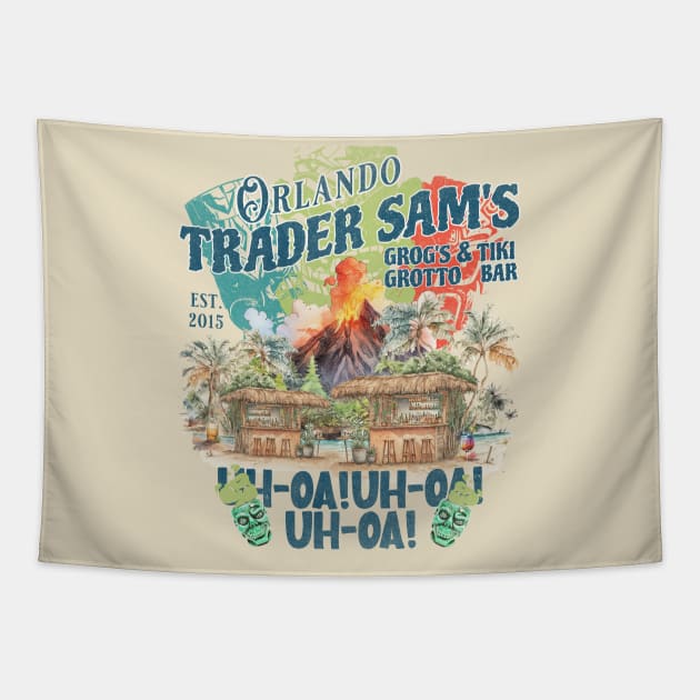 Trader Sam's Grogs Grotto and Tiki Bar Orlando Distressed Look Tapestry by Joaddo