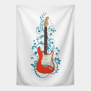 Red S-Style Electric Guitar Flowering Vines Tapestry