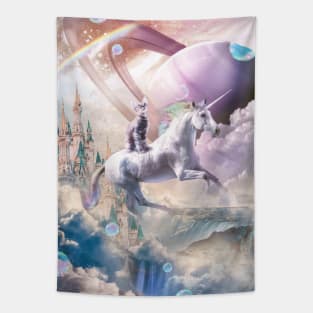 Rainbow Galaxy Cat Riding Unicorn In Space Tapestry