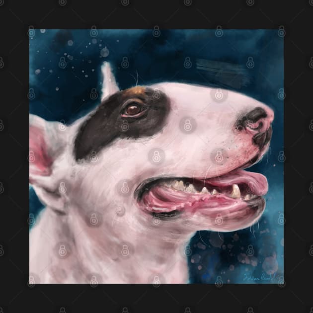 Painting of a Bull Terrier With Black Spot on Eye and Tongue Out on Dark Blue Background by ibadishi