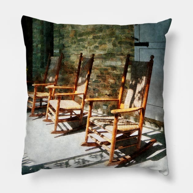 Suburbs - Three Wooden Rocking Chairs Pillow by SusanSavad